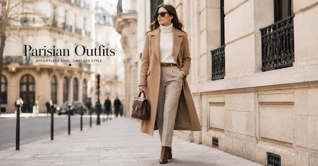 Parisian Outfits: The Ultimate Guide to Effortless French Style 7 Winter Parisian Outfits featuring a camel wool coat and elegant layered knitwear