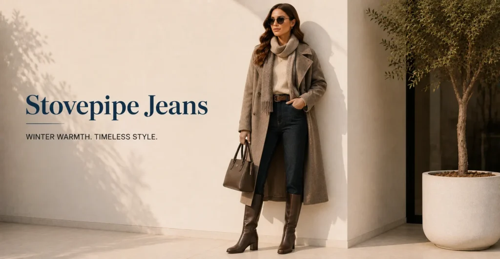 Stovepipe Jeans Explained: Powerful Fashion Tips & Outfit Ideas 14 Winter outfit ideas featuring dark stovepipe jeans with elegant cold-weather layers