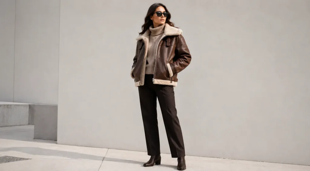 The Complete Guide to Leather Jacket Styles for Every Wardrobe 4 Woman wearing an aviator shearling Leather Jacket Style.
