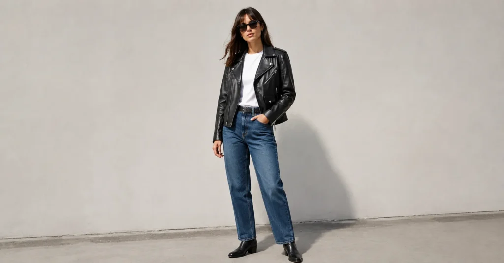 The Complete Guide to Leather Jacket Styles for Every Wardrobe 8 Woman wearing a classic biker Leather Jacket Style with jeans.