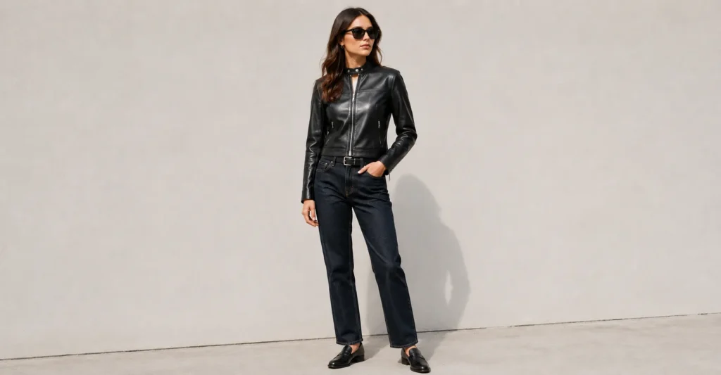 The Complete Guide to Leather Jacket Styles for Every Wardrobe 3 Woman wearing a café racer Leather Jacket Style.