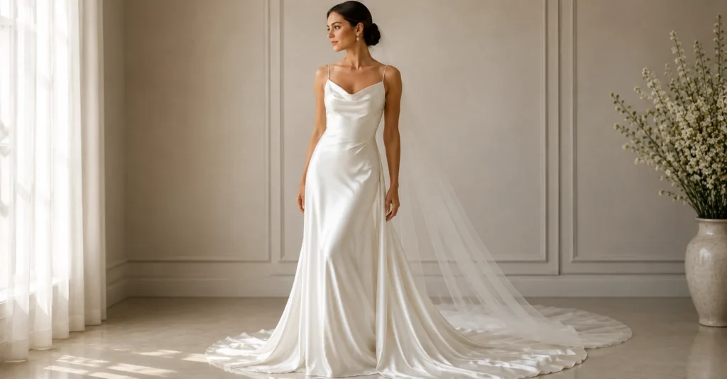 Satin and Silk Wedding Dresses: How to Choose the Right Fabric for Your Big Day 6 Satin and Silk Wedding Dresses showing fluid silk bridal gown silhouettes with soft draping and elegant movement
