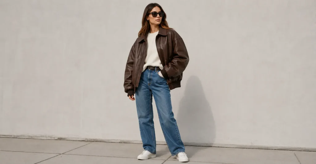 The Complete Guide to Leather Jacket Styles for Every Wardrobe 9 Woman wearing an oversized bomber Leather Jacket Style.