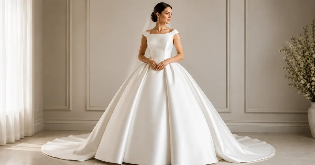 Satin and Silk Wedding Dresses: How to Choose the Right Fabric for Your Big Day 5 Satin and Silk Wedding Dresses featuring structured bridal silhouettes with elegant satin fabric and classic wedding gown designs
