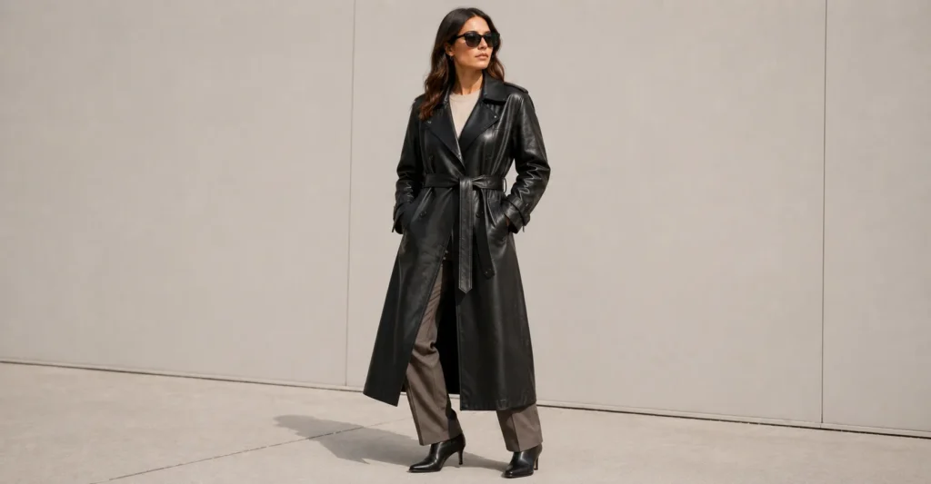 The Complete Guide to Leather Jacket Styles for Every Wardrobe 5 Woman wearing a long leather trench Leather Jacket Style.