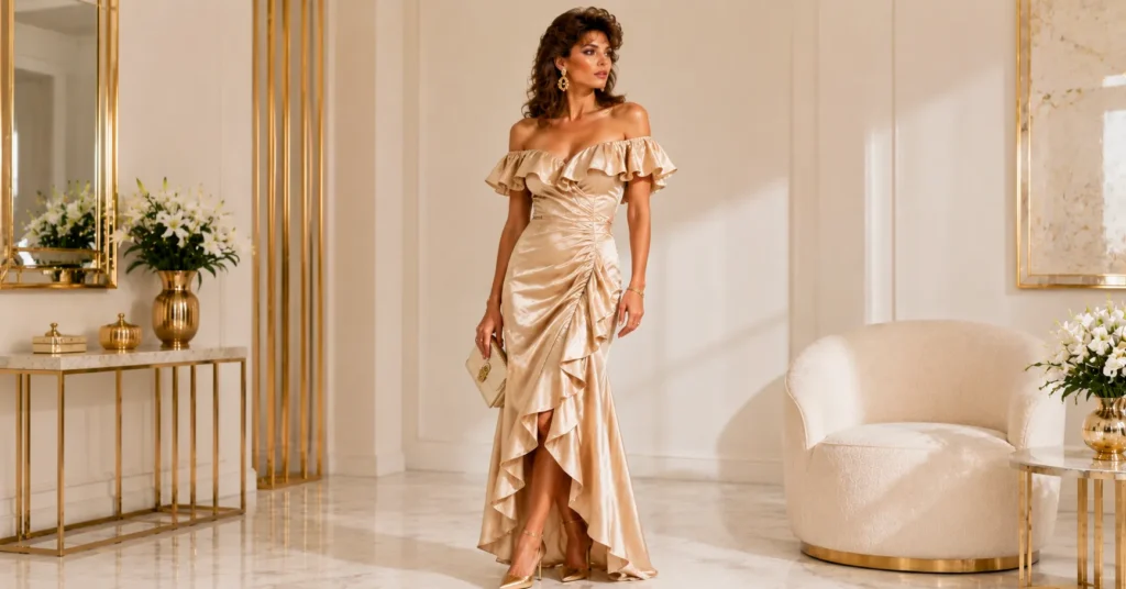15 Dazzling 80s Luxury Outfit Ideas for a Glamorous Retro Look 8 80s Luxury Outfit Ideas – Elegant Off-Shoulder Ruffle Dress