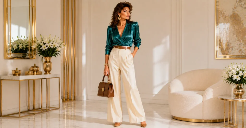15 Dazzling 80s Luxury Outfit Ideas for a Glamorous Retro Look 9 80s Luxury Outfit Ideas – High-Waisted Trousers and Silk Blouse