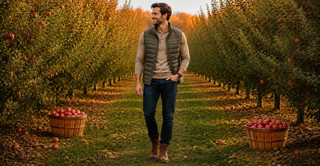 Stunning Apple Picking Outfit Ideas for a Perfect Fall Day 8 Apple Picking Outfit Ideas featuring a casual henley shirt and quilted vest.