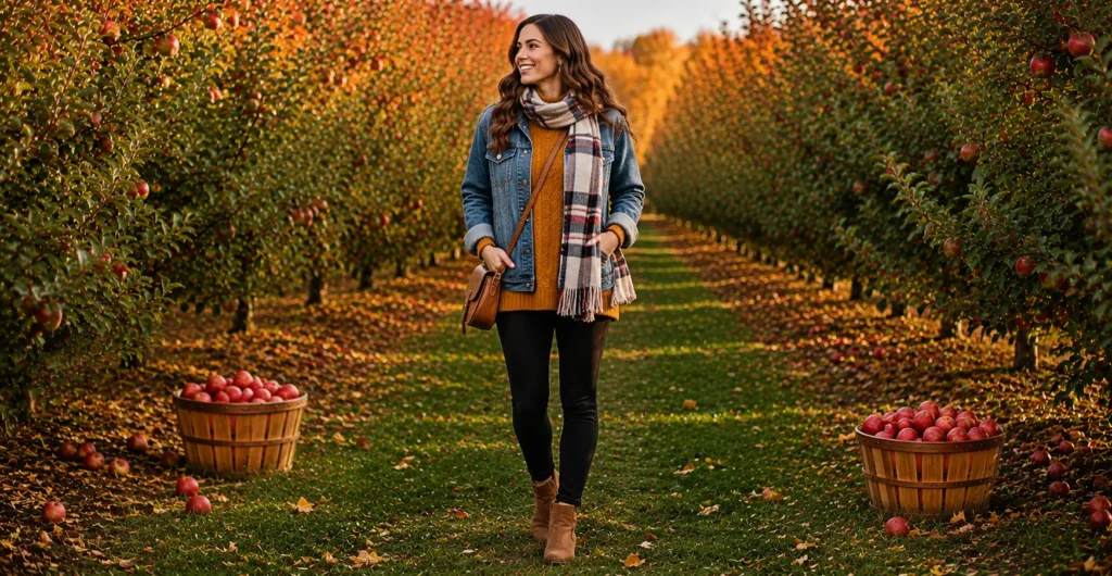 Stunning Apple Picking Outfit Ideas for a Perfect Fall Day 5 Apple Picking Outfit Ideas featuring an effortless denim jacket and sweater combination.