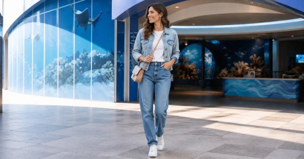 Aquarium Outfit Ideas featuring classic jeans, a soft white tee, sneakers, denim jacket, and crossbody bag