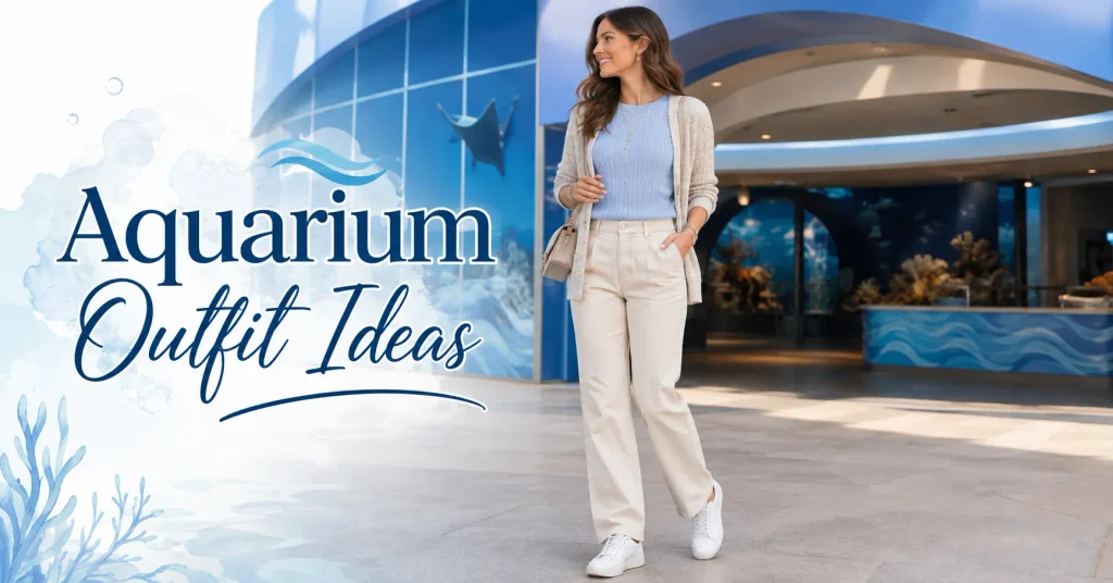 Aquarium Outfit Ideas featuring a stylish woman in a light blue top, cream trousers, white sneakers, and crossbody bag