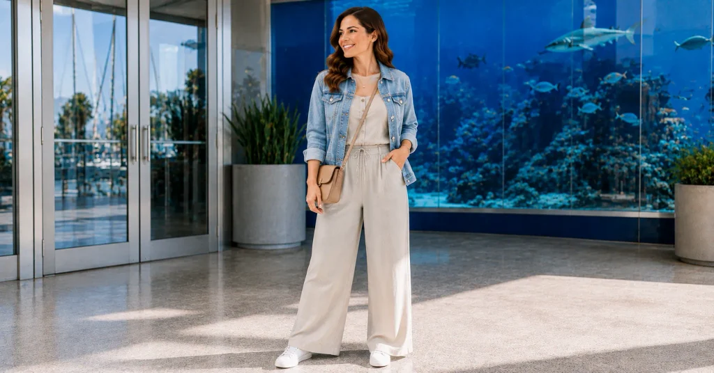 Aquarium Outfit Ideas featuring a comfortable sage jumpsuit, white sneakers, crossbody bag, and denim jacket