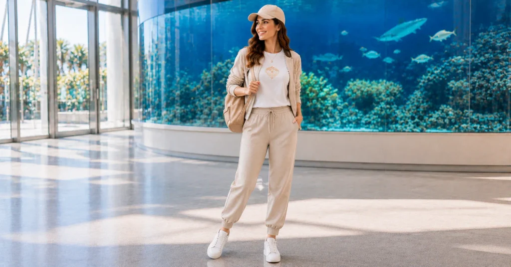 Aquarium Outfit Ideas featuring joggers, a graphic tee, clean sneakers, backpack, and baseball cap