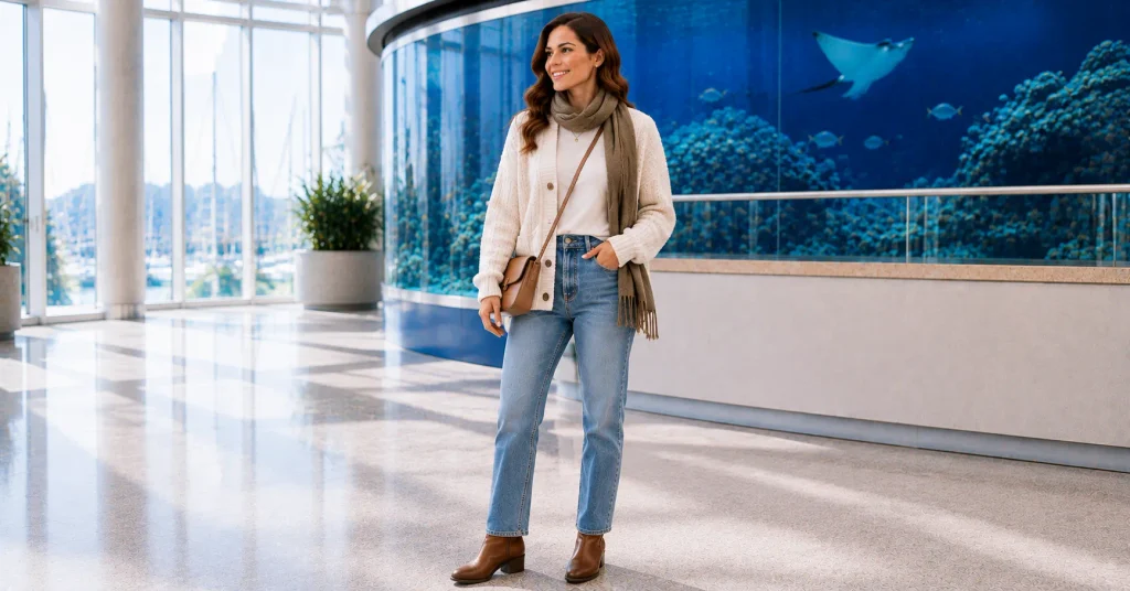Aquarium Outfit Ideas featuring cozy autumn layers, a cream cardigan, jeans, ankle boots, and scarf