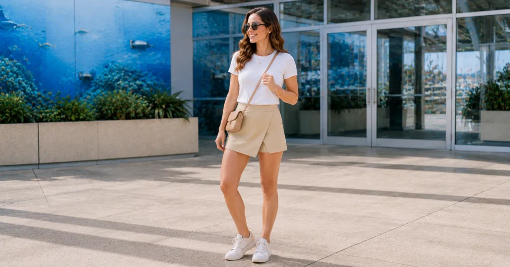 Aquarium Outfit Ideas featuring a sporty skort, fitted white tee, clean sneakers, sunglasses, and crossbody bag