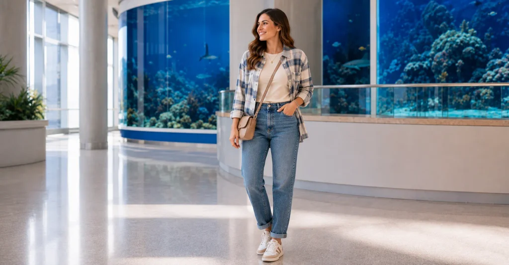 Aquarium Outfit Ideas featuring a layered flannel shirt, cotton tee, jeans, sneakers, and crossbody bag
