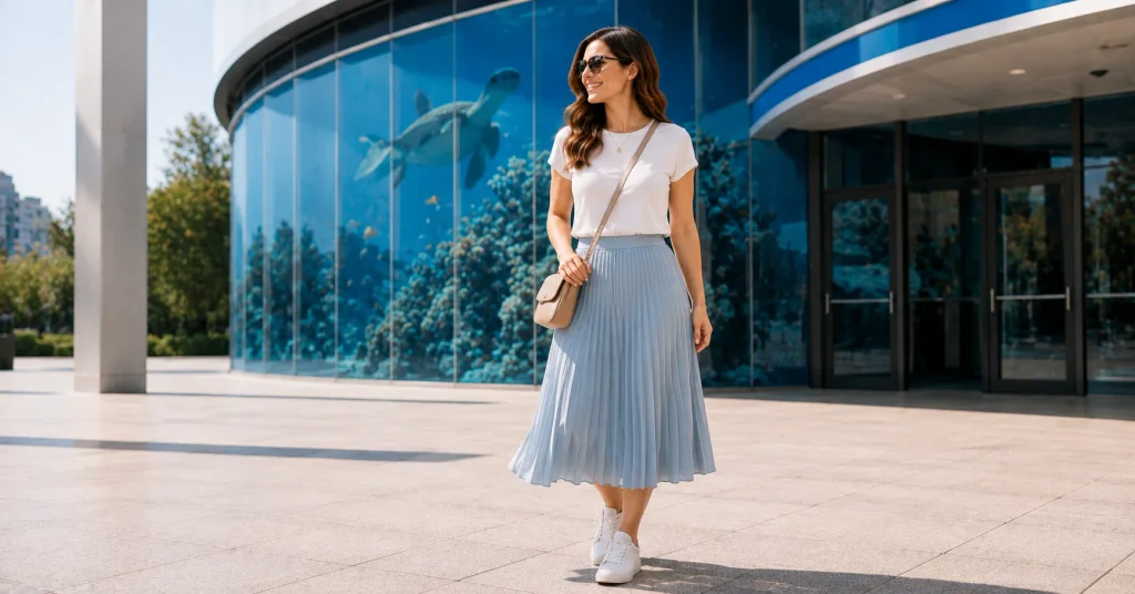 Aquarium Outfit Ideas featuring a flowy midi skirt, fitted white tee, comfortable sneakers, and crossbody bag