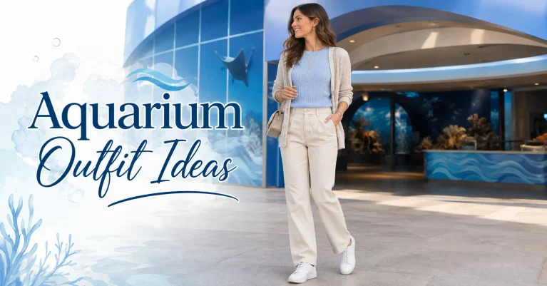Aquarium Outfit Ideas featuring a stylish woman in a light blue top, cream trousers, white sneakers, and crossbody bag