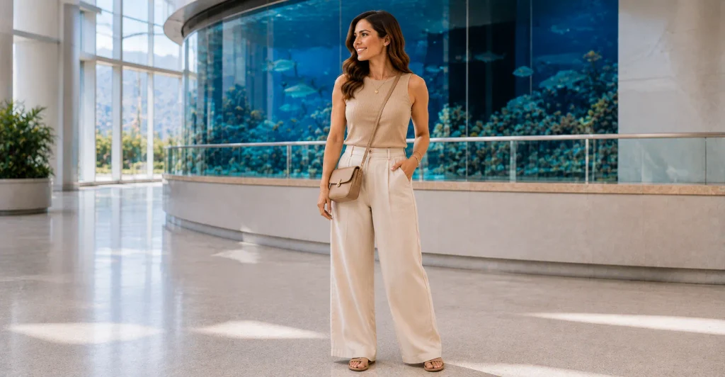 Aquarium Outfit Ideas featuring wide-leg trousers, a fitted neutral top, flat shoes, and a crossbody bag