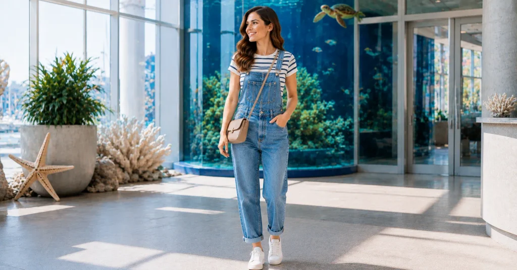 Aquarium Outfit Ideas featuring denim overalls, a striped tee, white sneakers, and a practical crossbody bag