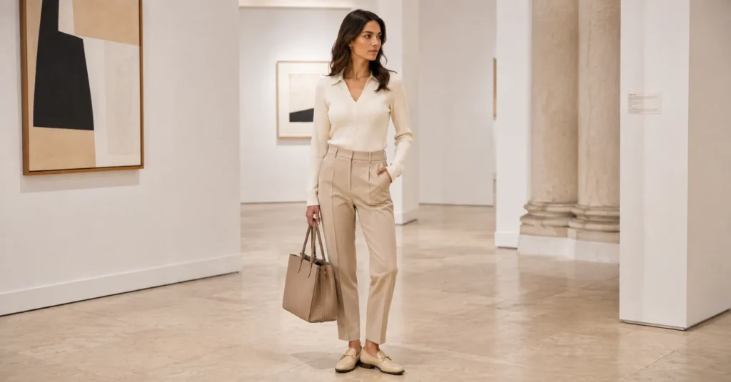 11 Effortless Art Gallery Outfit Ideas for a Stylish and Sophisticated Look 4 Art Gallery Outfit Ideas featuring tailored beige trousers, a cream knit top, leather loafers, and a structured tote.