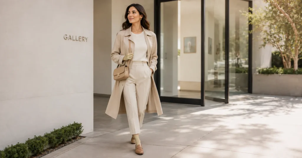 11 Effortless Art Gallery Outfit Ideas for a Stylish and Sophisticated Look 13 Art Gallery Outfit Ideas featuring a beige trench coat, cream knit top, cropped tailored trousers, leather loafers, and a crossbody bag.