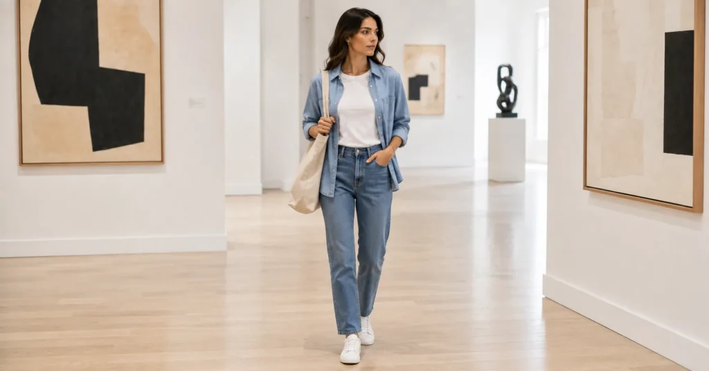 11 Effortless Art Gallery Outfit Ideas for a Stylish and Sophisticated Look 3 Art Gallery Outfit Ideas featuring straight-leg jeans, a white cotton T-shirt, denim overshirt, white sneakers, and a neutral tote.