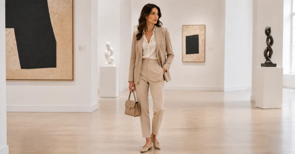 11 Effortless Art Gallery Outfit Ideas for a Stylish and Sophisticated Look 5 Art Gallery Outfit Ideas featuring a tailored blazer, ivory silk-blend blouse, slim trousers, sleek footwear, and structured handbag for a gallery opening.