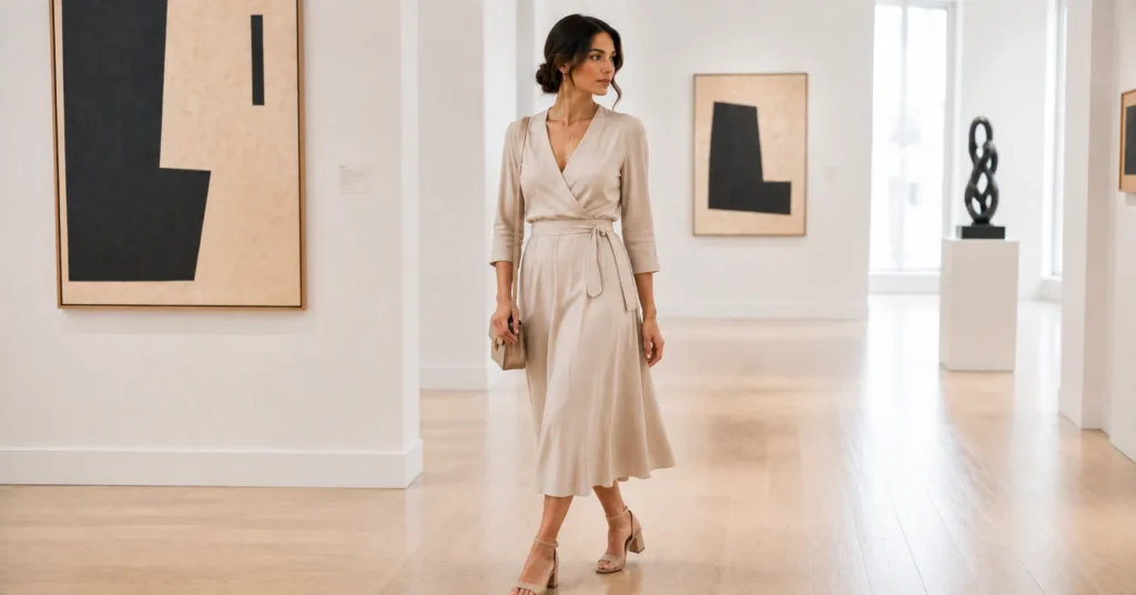 11 Effortless Art Gallery Outfit Ideas for a Stylish and Sophisticated Look 6 Art Gallery Outfit Ideas featuring an elegant neutral midi dress, block-heel sandals, delicate jewelry, and a compact crossbody bag.