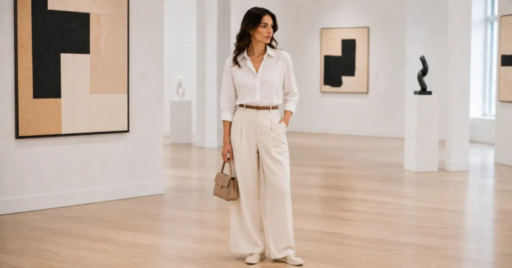 11 Effortless Art Gallery Outfit Ideas for a Stylish and Sophisticated Look 7 Art Gallery Outfit Ideas featuring wide-leg cream trousers, an oversized white shirt, minimalist sneakers, a leather belt, and a structured bag.