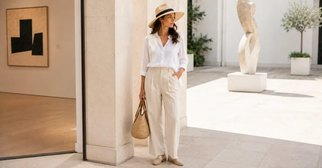 11 Effortless Art Gallery Outfit Ideas for a Stylish and Sophisticated Look 8 Art Gallery Outfit Ideas featuring a lightweight linen shirt, relaxed cotton trousers, espadrilles, woven handbag, and sun hat.