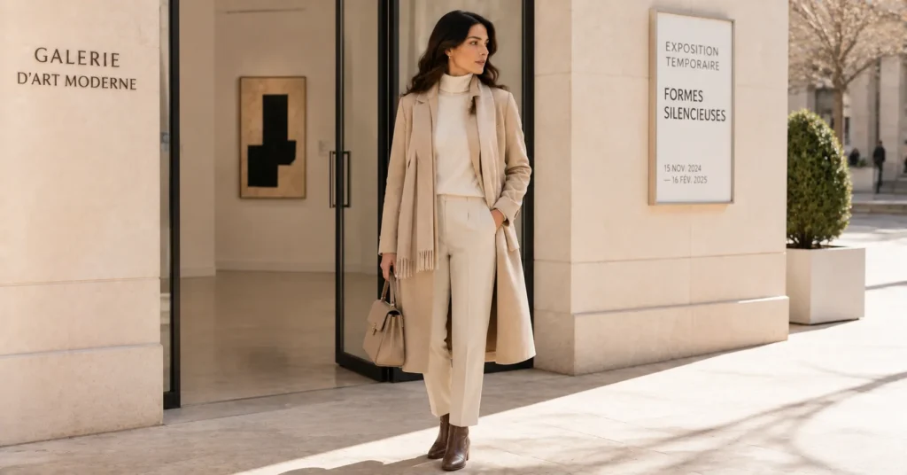 11 Effortless Art Gallery Outfit Ideas for a Stylish and Sophisticated Look 9 Art Gallery Outfit Ideas featuring a camel wool coat, cream turtleneck, tailored trousers, ankle boots, and neutral scarf.