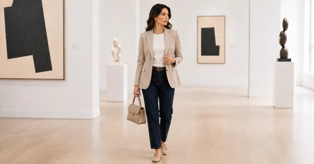 11 Effortless Art Gallery Outfit Ideas for a Stylish and Sophisticated Look 10 Art Gallery Outfit Ideas featuring a beige blazer, ivory top, straight-leg jeans, leather flats, and a structured handbag.
