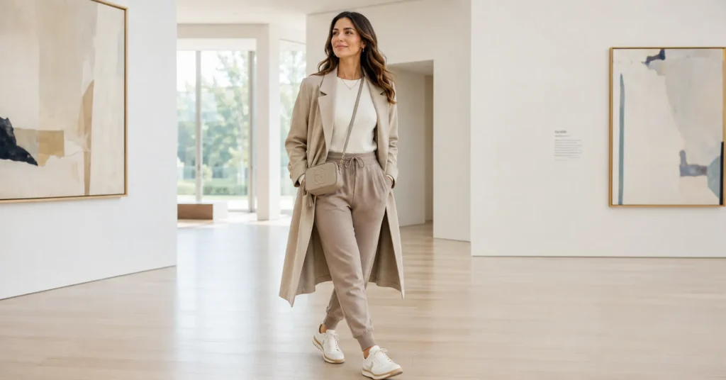 11 Effortless Art Gallery Outfit Ideas for a Stylish and Sophisticated Look 11 Art Gallery Outfit Ideas featuring structured taupe joggers, a cream knit top, minimalist sneakers, a beige coat, and a crossbody bag.