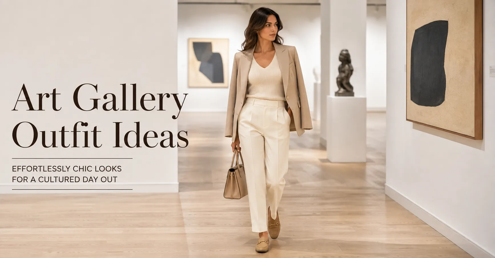 Home 12 Art Gallery Outfit Ideas featuring straight-leg jeans, a white cotton T-shirt, denim overshirt, white sneakers, and a neutral tote.