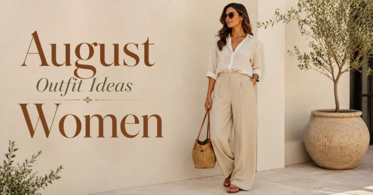 August Outfit Ideas Women featuring a chic cream linen blouse and tailored beige trousers