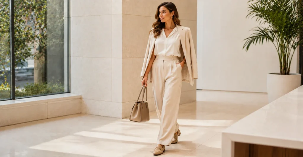 August Outfit Ideas Women featuring a polished business-casual linen trouser outfit