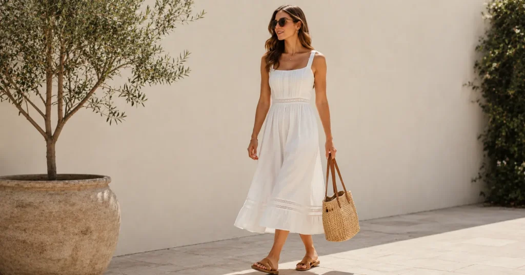 August Outfit Ideas Women featuring a soft white sundress for warm August afternoons