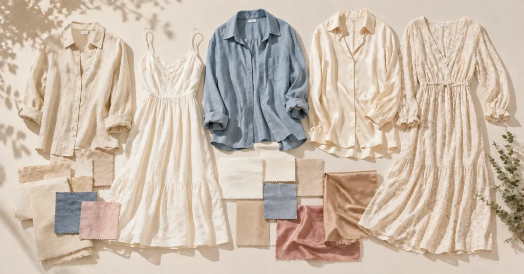 August Outfit Ideas Women showing lightweight linen, cotton, chambray, silk and rayon fabrics