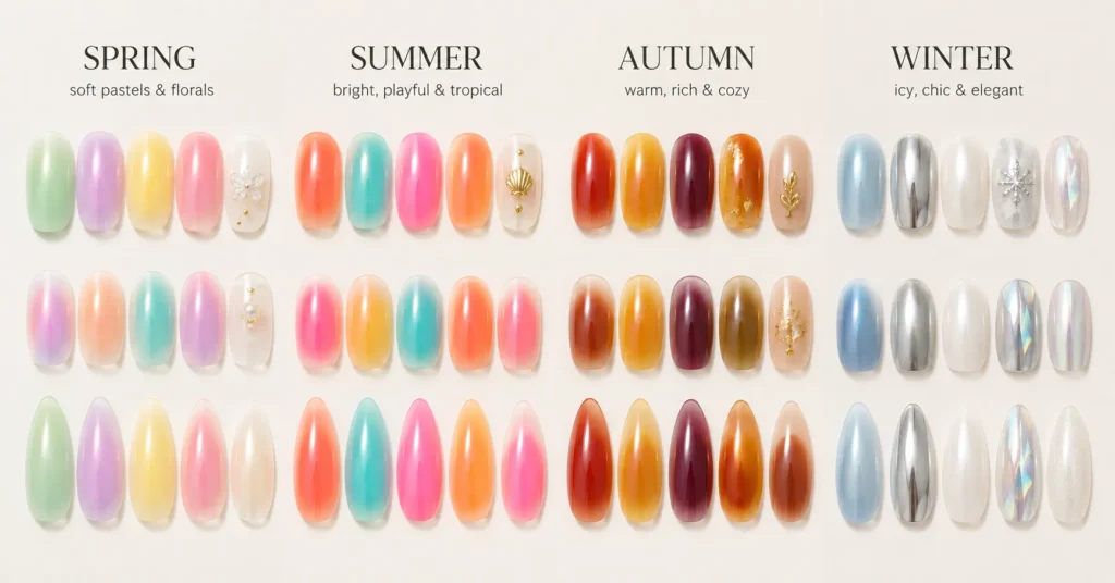 Aura Nails Ideas: 30 Dreamy Designs to Glow With in 2026 15 Aura Nails Ideas by Season featuring spring pastels, summer brights, autumn earth tones, and winter icy aura nail designs