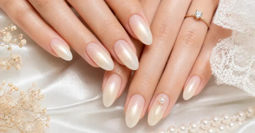 Aura Nails Ideas: 30 Dreamy Designs to Glow With in 2026 13 Aura Nails Ideas featuring a bridal nude manicure with a soft glowing aura and pearl accent