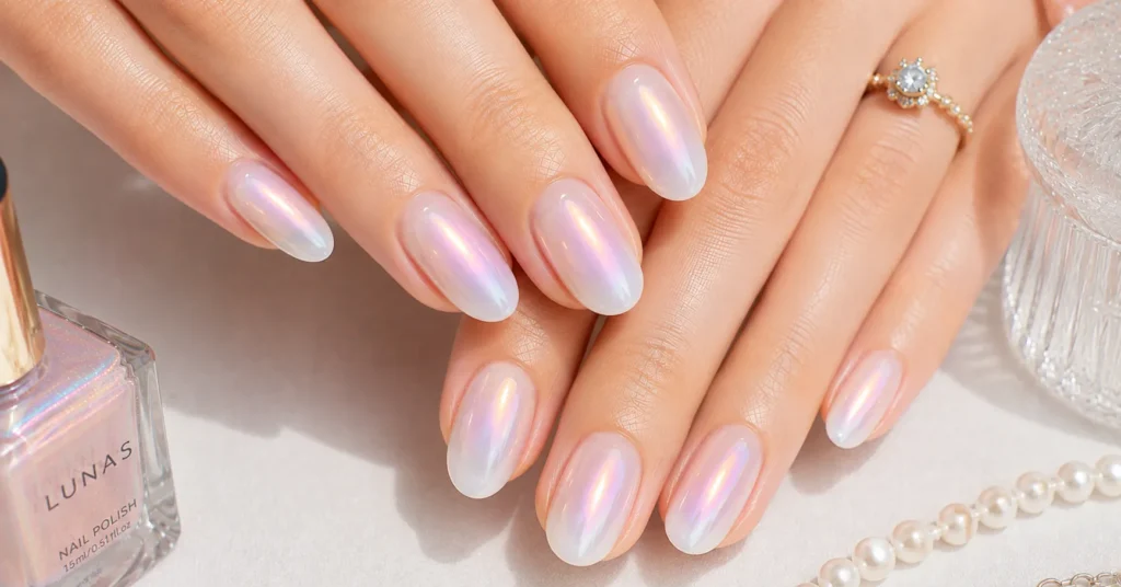 Aura Nails Ideas: 30 Dreamy Designs to Glow With in 2026 12 Aura Nails Ideas featuring a delicate pearl iridescent glow manicure