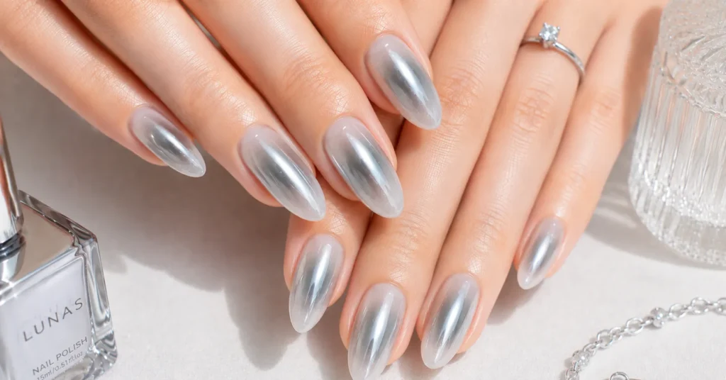 Aura Nails Ideas: 30 Dreamy Designs to Glow With in 2026 10 Aura Nails Ideas featuring a futuristic silver chrome halo manicure
