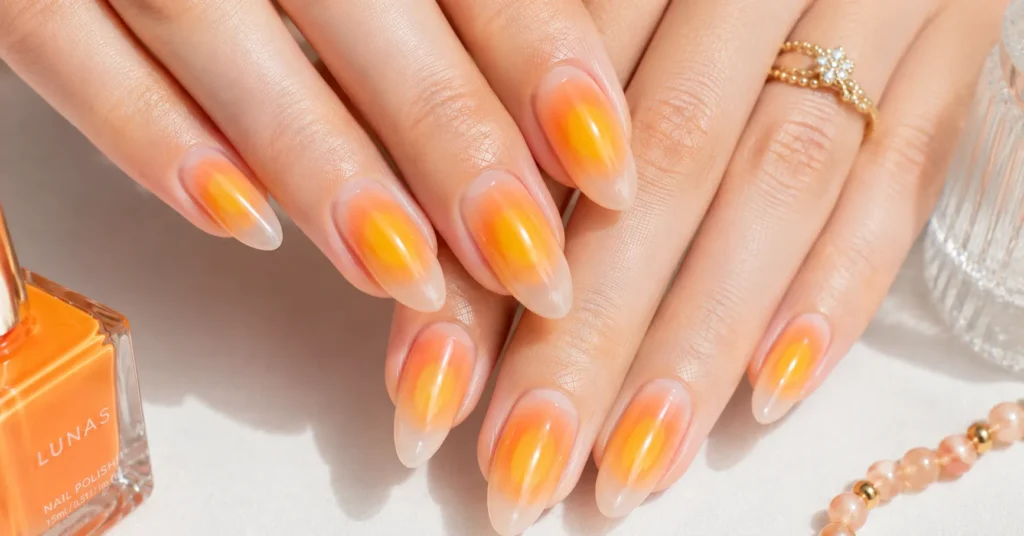 Aura Nails Ideas: 30 Dreamy Designs to Glow With in 2026 8 Aura Nails Ideas featuring a glowing sunset orange and yellow aura manicure