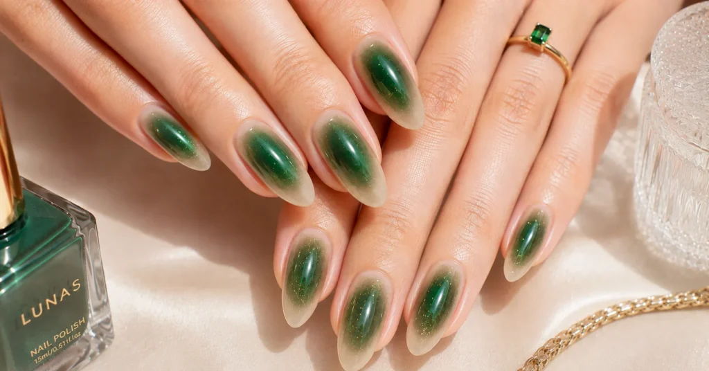 Aura Nails Ideas: 30 Dreamy Designs to Glow With in 2026 14 Aura Nails Ideas featuring a rich deep emerald aura with subtle gold shimmer