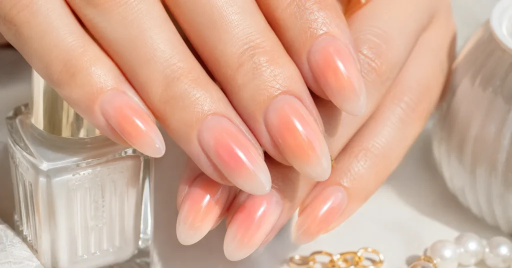 Aura Nails Ideas: 30 Dreamy Designs to Glow With in 2026 3 Aura Nails Ideas featuring a soft nude base with a glowing peach aura