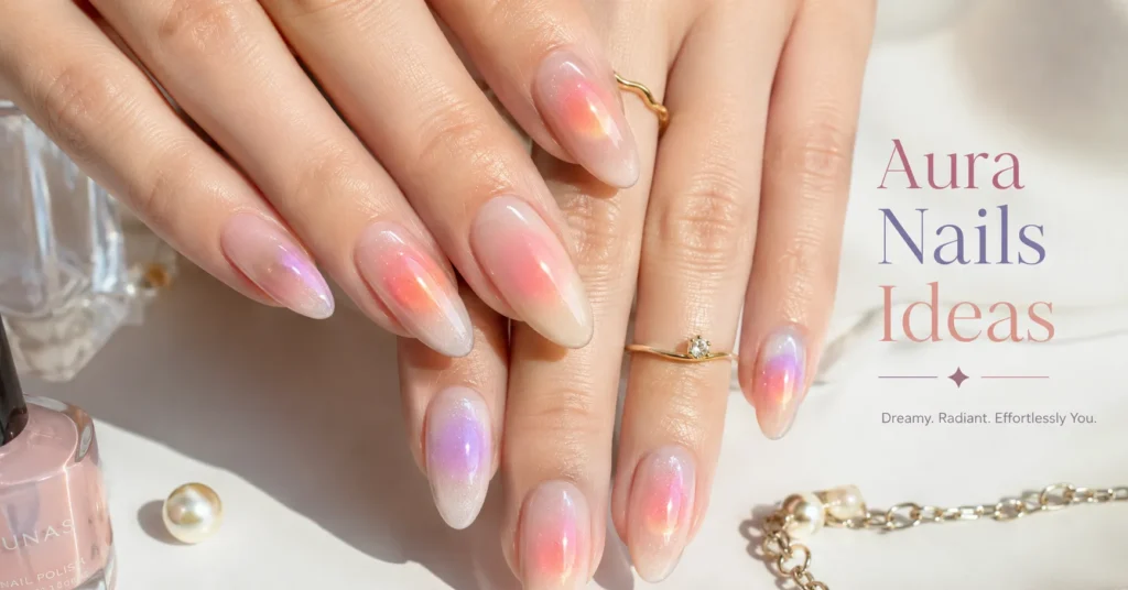 Aura Nails Ideas: 30 Dreamy Designs to Glow With in 2026 1 Aura Nails Ideas featuring dreamy glowing peach, pink, lavender, and champagne aura nail art on almond-shaped nails.