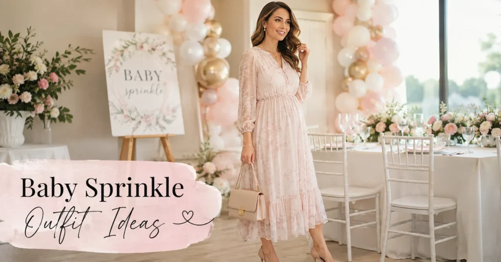 Baby Sprinkle Outfit Ideas featuring an elegant pastel midi dress styled for a charming and polished baby sprinkle celebration.