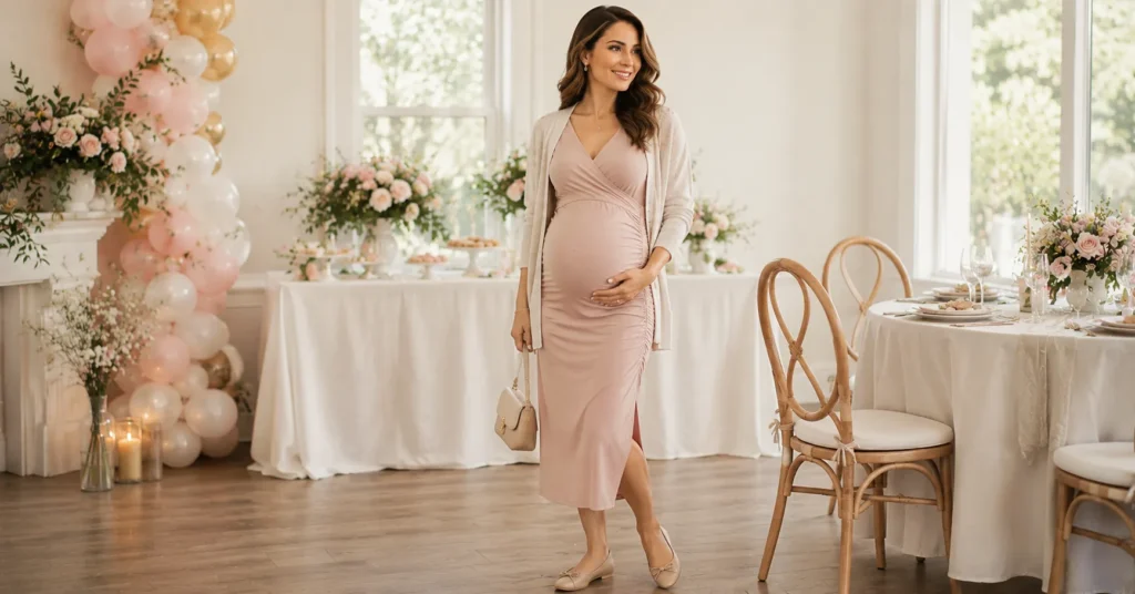 Baby Sprinkle Outfit Ideas featuring a comfortable pastel maternity midi dress with a light cardigan and flats.