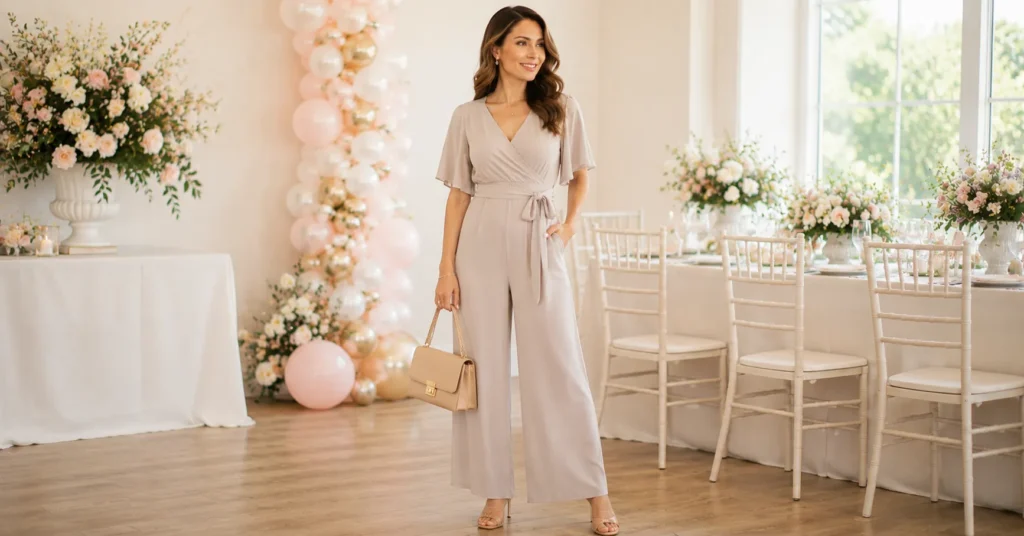 Baby Sprinkle Outfit Ideas featuring an elegant neutral wide-leg jumpsuit with heeled sandals and a structured handbag.
